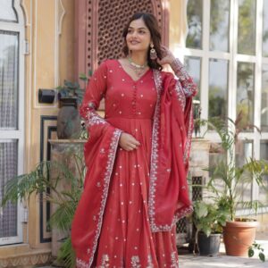 Women's Festive Rust Red Anarkali Gown with Intricate Silver Zari & Sequin Embroidery β Complete with Embroidered Dupatta