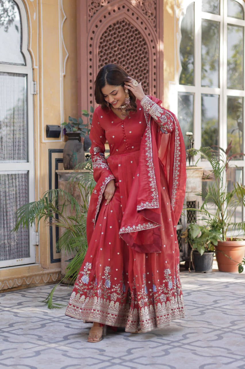 Women's Festive Rust Red Anarkali Gown with Intricate Silver Zari & Sequin Embroidery β Complete with Embroidered Dupatta - Image 4