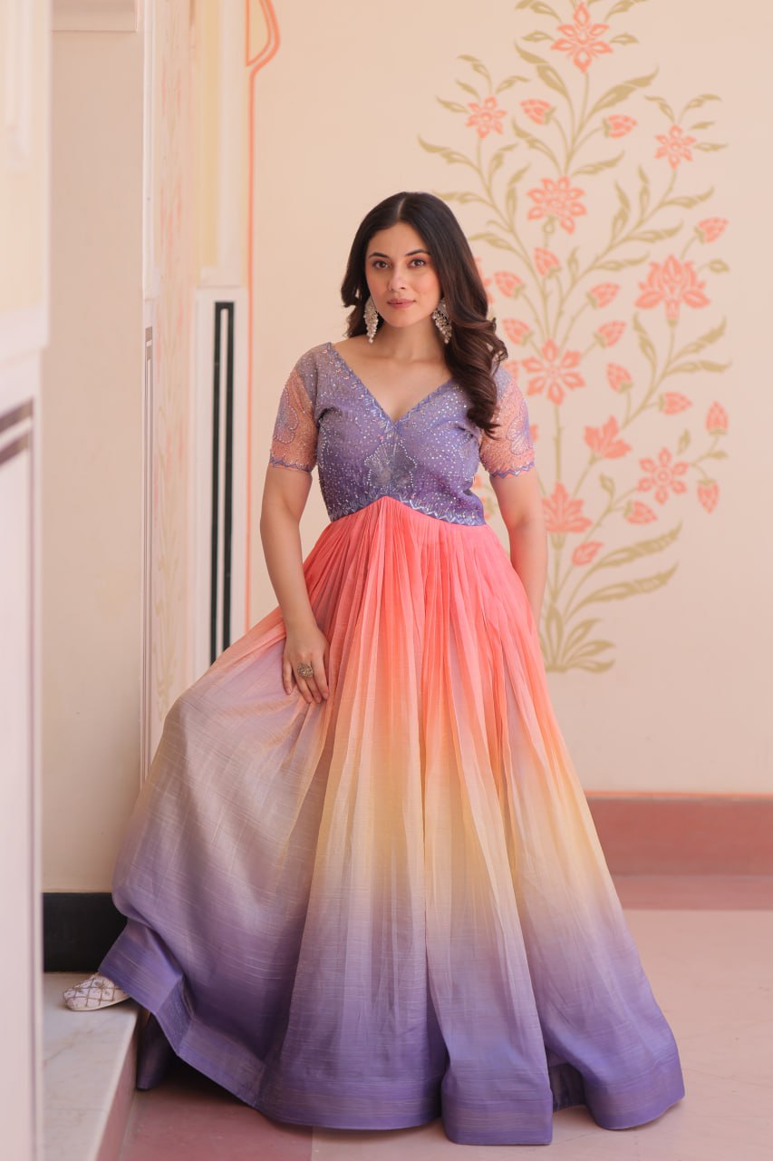Women's Dual-Tone Ombre Gown in Candy Pink & Aqua Green with Embroidered Bodice β Festive & Contemporary Wear - Image 9