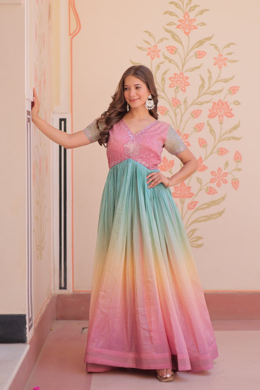 Women's Dual-Tone Ombre Gown in Candy Pink & Aqua Green with Embroidered Bodice β Festive & Contemporary Wear - Image 6