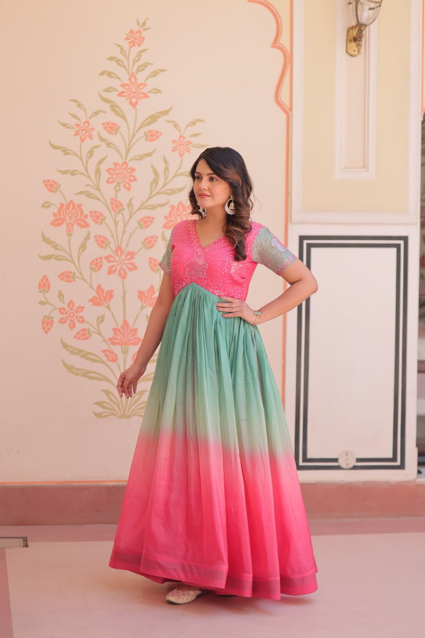 Women's Dual-Tone Ombre Gown in Candy Pink & Aqua Green with Embroidered Bodice β Festive & Contemporary Wear - Image 2