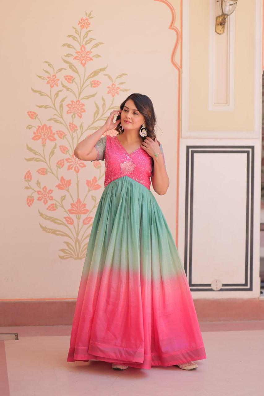 Women's Dual-Tone Ombre Gown in Candy Pink & Aqua Green with Embroidered Bodice β Festive & Contemporary Wear - Image 4