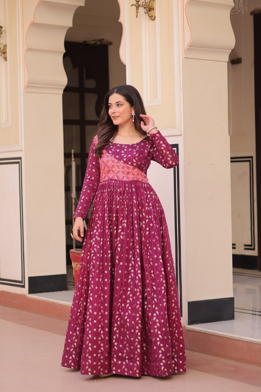 Women's Festive Berry Purple Printed Anarkali Gown with Intricate Zari Work & Embellished Yoke β Perfect for Traditional & Celebration Wear - Image 5